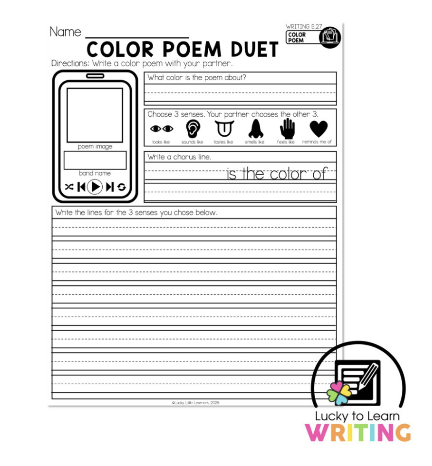 A 'Color Poem Duet' worksheet for 2nd grade students. The sheet asks students to write a color poem with a partner, including a section for three senses, a chorus line, and space for writing lines based on sensory experiences.